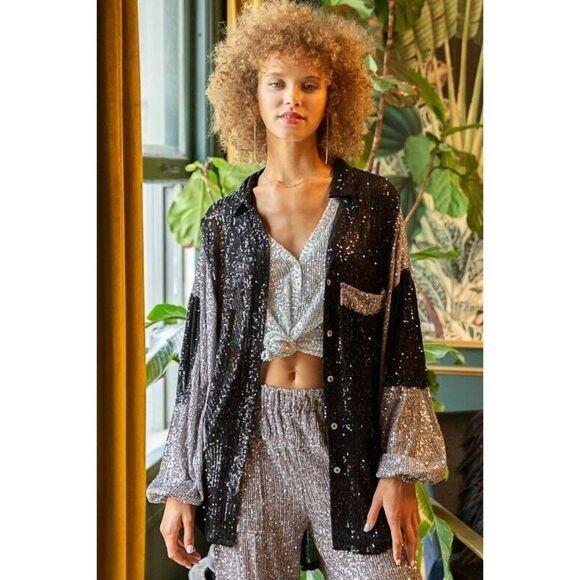 POL Tops - POL CLOTHING Sequin Block Sleeve Button Up Top in Black and Grey S-L New SMT2045